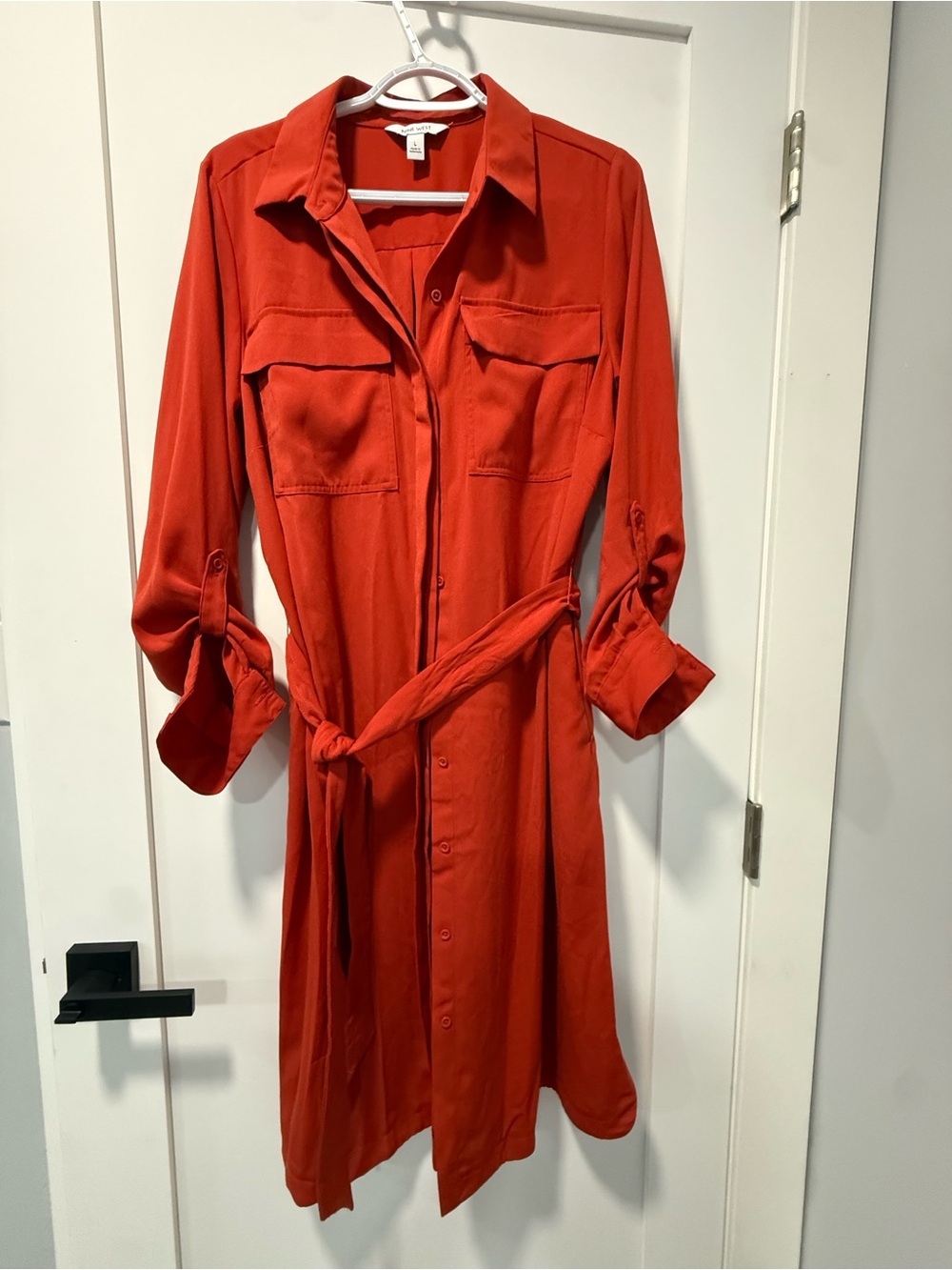 Nine West Red Long Sleeve Shirt Dress with Tie